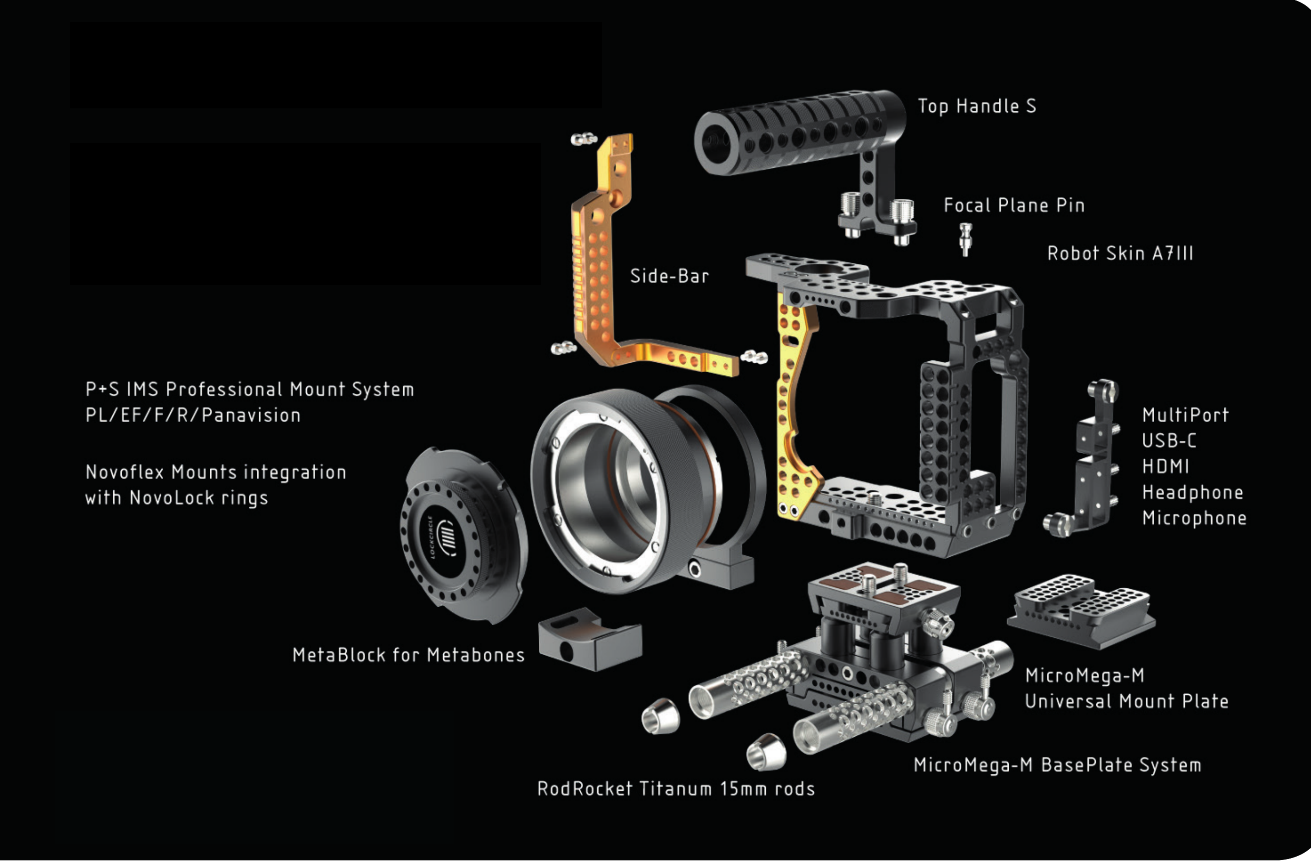 Camera cage exploded assembly view